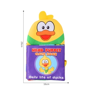 Yellow duck hand puppet cloth book for infants with crinkle paper and daily life story