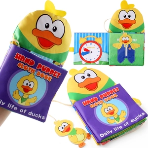 Interactive yellow duck hand puppet cloth book with clock and zipper for infants