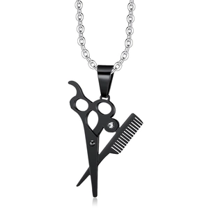 Creative black scissors and comb pendant necklace with silver chain and small diamond