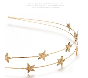 Macro shot of double-layer gold metal headband featuring textured star charms