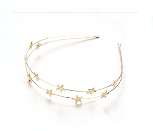 Detail of a double-layer golden headband featuring textured metallic stars on white background