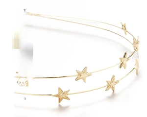 Detail of double-layer gold metal headband featuring textured five-pointed star charms