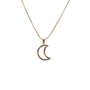 Golden moon pendant necklace with multicolored zircon stones on a box chain