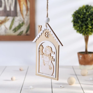 Wooden snowman house ornament with white roof and jute rope for Christmas tree decor