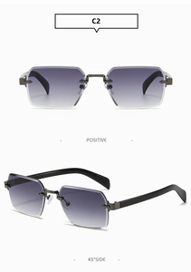 Vue détaillée des lunettes de soleil carrées sans monture C2 avec verres dégradés violets