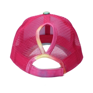 Pink mesh ponytail baseball cap with criss-cross elastic bands and tie-dye brim detailing