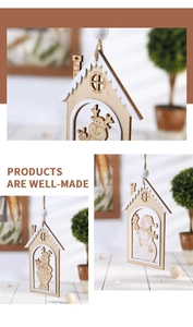 Detail of laser-cut wooden Christmas house pendants with reindeer and snowman patterns