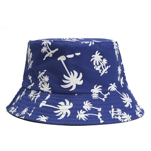 Classic blue cotton bucket hat with white palm tree print for outdoor sun protection