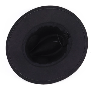 Interior view of black felt jazz hat showing adjustable strap and 65% cotton fabric label