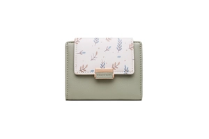 Detail of grey-green PU leather wallet with colorful leaf print and gold buckle clasp