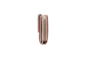 Side view showing the thickness of the brown PU leather wallet with zipper compartment