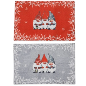 Christmas placemats set featuring red and gray Nordic gnome designs on linen texture