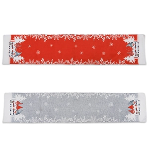 Red and grey Christmas table runner with festive forest gnome and snowflake patterns