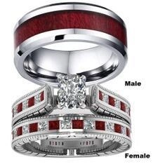 Detailed view of silver wedding ring set with rectangle red stone and male wood inlay band