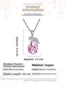 Detailed view of pink pear-shaped crystal pendant with cubic zirconia leaf accent