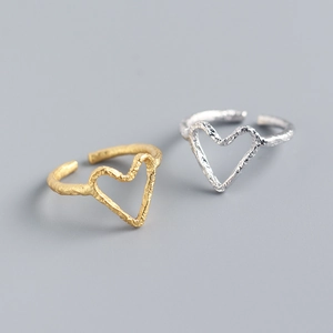 S925 Sterling Silver Heart Open Ring For Women Adjustable Irregular Tin Foil Texture Minimalist Jewelry Ins Style
