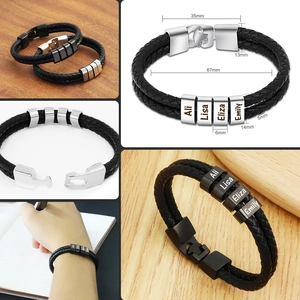 Detailed size chart for black woven leather bracelet with customizable silver metal beads