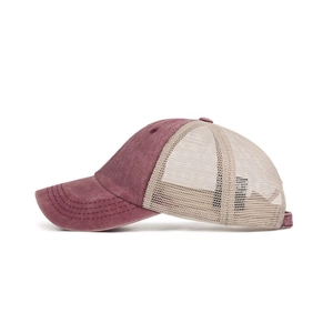 Adjustable burgundy and beige mesh baseball cap with breathable vintage cotton fabric
