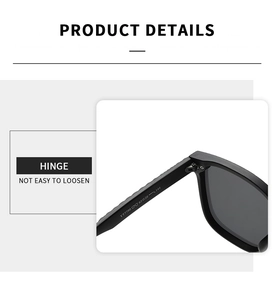 Détail des charnières robustes et des specs sur lunettes de soleil carrées noires mates