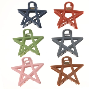 Set of six colorful matte star hair claws in blue, orange, green, grey, pink, and brown