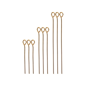 Close-up of three lengths of gold-plated stainless steel eye pins for DIY jewelry making