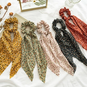 Floral chiffon hair scrunchies with long ribbons in five assorted colors for women