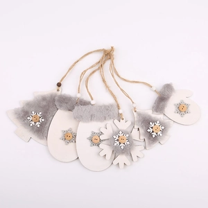 Set of 6 white wooden Christmas ornaments with plush trim including trees and snowflakes