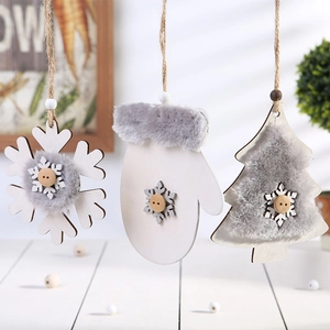 Christmas Hanging Pendants Wooden Snowflake Glove Tree Ornaments With Faux Fur And Jute Rope For Home Holiday Party Decor