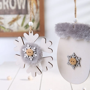 Christmas wooden snowflake and glove pendants with grey plush and hemp rope hanger