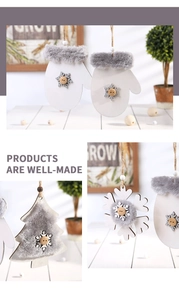 Set of wooden Christmas pendants featuring plush fur trim and snowflake button details