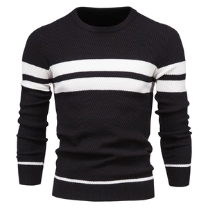 Men's casual crewneck knit sweater featuring black and white striped pattern