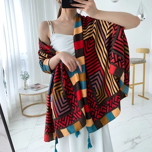 Ethnic cotton linen scarf with red and blue geometric patterns and fringed edges