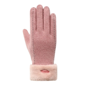 Pink winter thermal knit gloves for women featuring warm fleece lining and fur cuffs