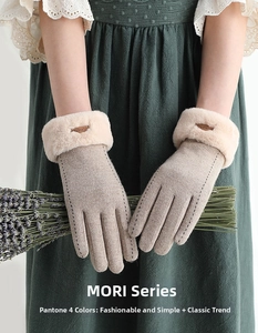 Detail of warm oatmeal knit gloves with thick faux fur cuffs and vintage label design