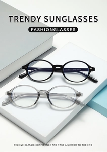 Detail view of model YY7784 black and transparent gray oval frame glasses with specs