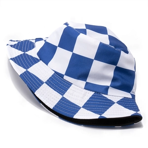 Classic deep blue and white checkerboard bucket hat with durable canvas texture for sun protection