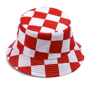 Detail of red and white checkered bucket hat fabric and high-quality flat-top stitching