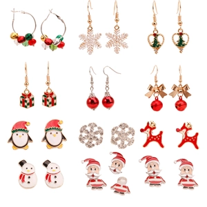 Detailed set of Christmas alloy earrings featuring reindeer, snowman and tree patterns