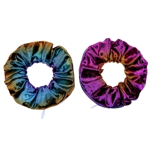 Close-up of laser gradient sequin hair scrunchies with white battery insulation tabs