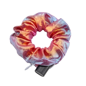 Pink metallic laser gradient scrunchie with hidden zipper pocket for storage