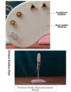 Detail of velvet and PU leather earring display stands showing various stud textures