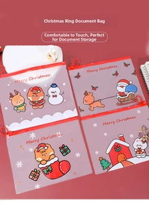 Detail view of transparent Christmas file bags with ring zippers and cartoon holiday prints