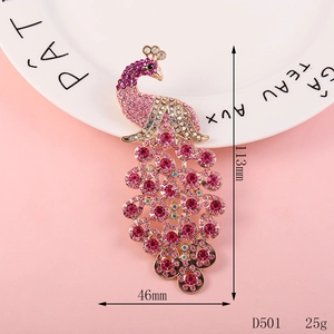 Detailed view of colorful peacock brooch with dimensions 113mm x 46mm and D501 model info
