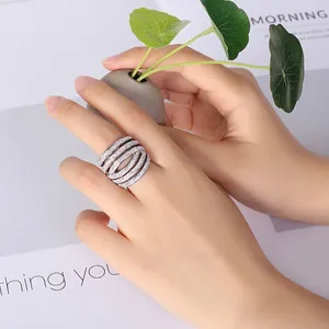 Women Multi Layer Intertwined Ring Stainless Steel Pave Set Zircon Wide Band Cross Wrap Glamorous Jewelry