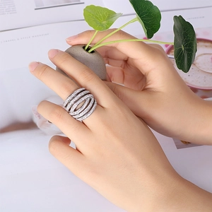 Women Multi Layer Intertwined Ring Stainless Steel Pave Set Zircon Wide Band Cross Wrap Glamorous Jewelry
