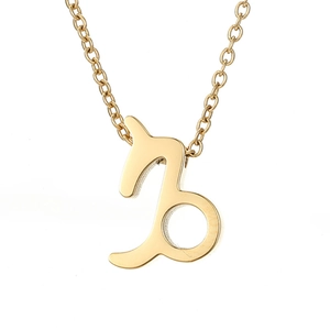 Macro shot of gold stainless steel Capricorn zodiac symbol pendant on a delicate chain