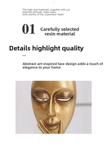 Detail of creative abstract face mask sculpture with golden resin texture for home decor
