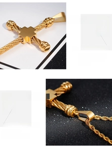 Detailed close-up of golden stainless steel cross pendant with embossed rope texture