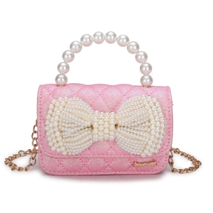 Pink sequin crossbody bag with pearl bow decoration and top handle for girls