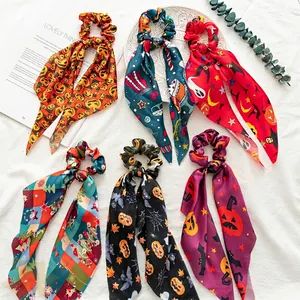Satin Scarf Hair Scrunchies Halloween Christmas Printed Streamer Elastic Hair Ties Ponytail Holder Festive Accessories